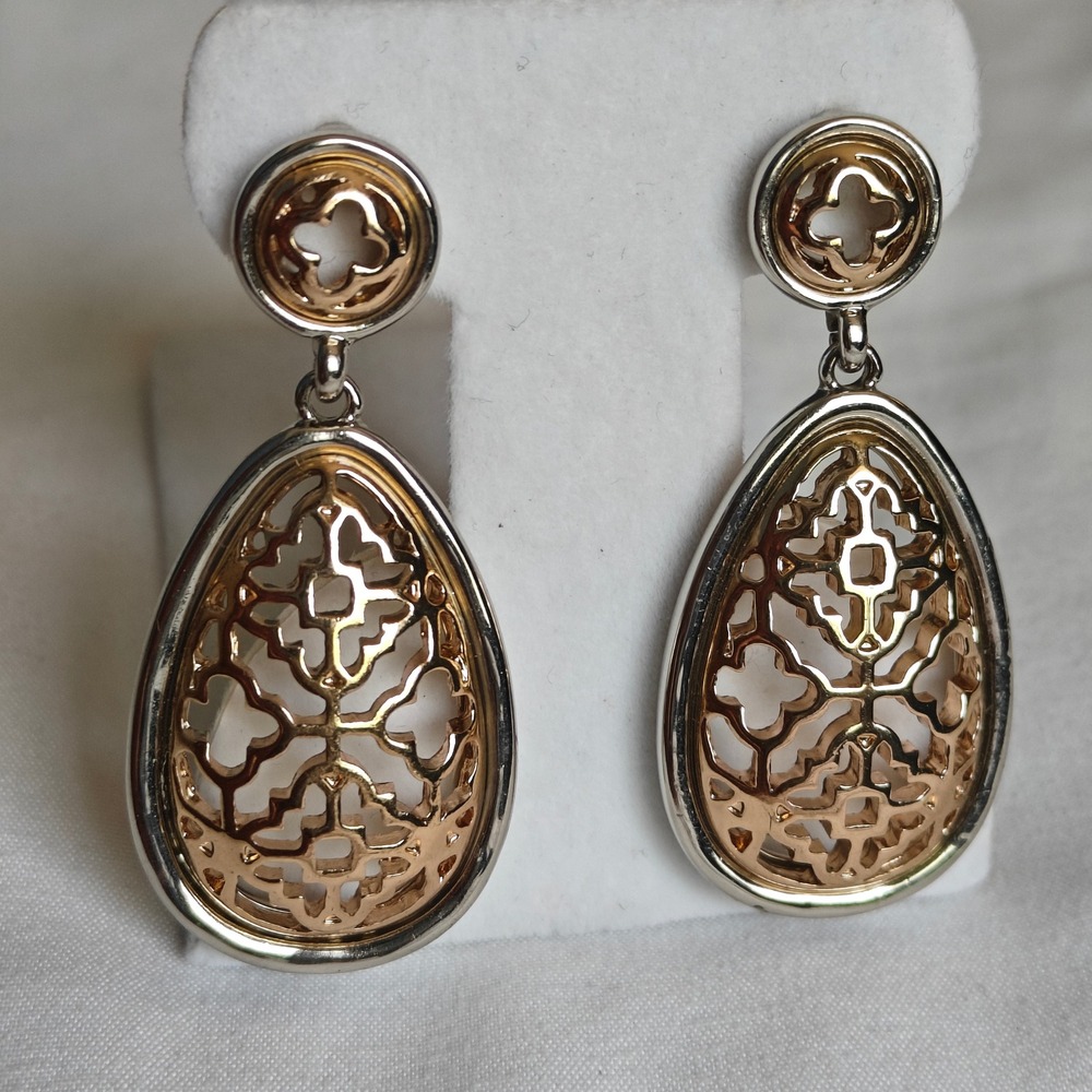Two Tone Gold Silver Filigree Large Teardrop Drop Earrings Openwork Quatrefoil